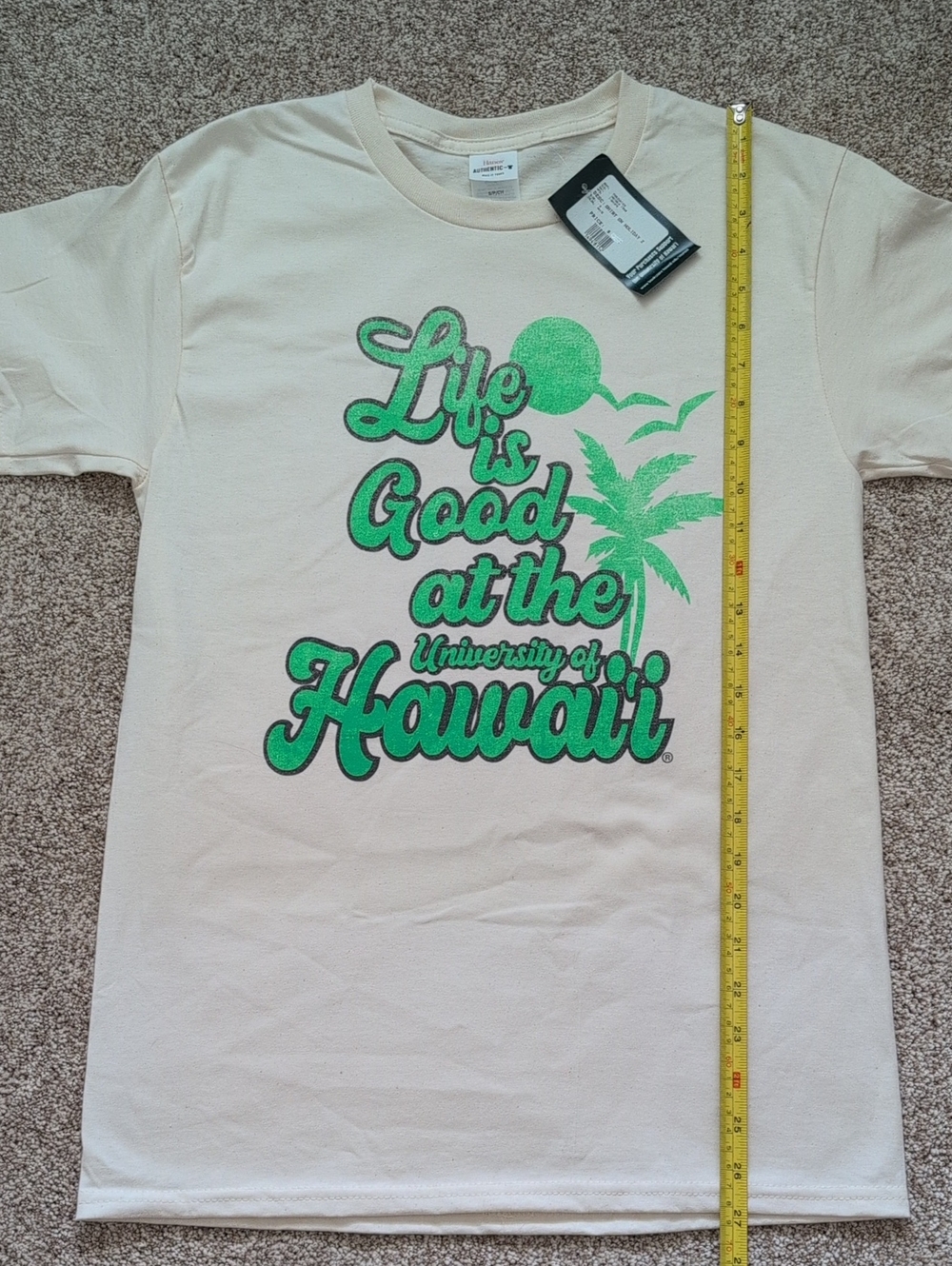 🌻 Hanes, University of Hawaii, Cotton, Cream, T‑Shirt with Green Hawaii Graphic